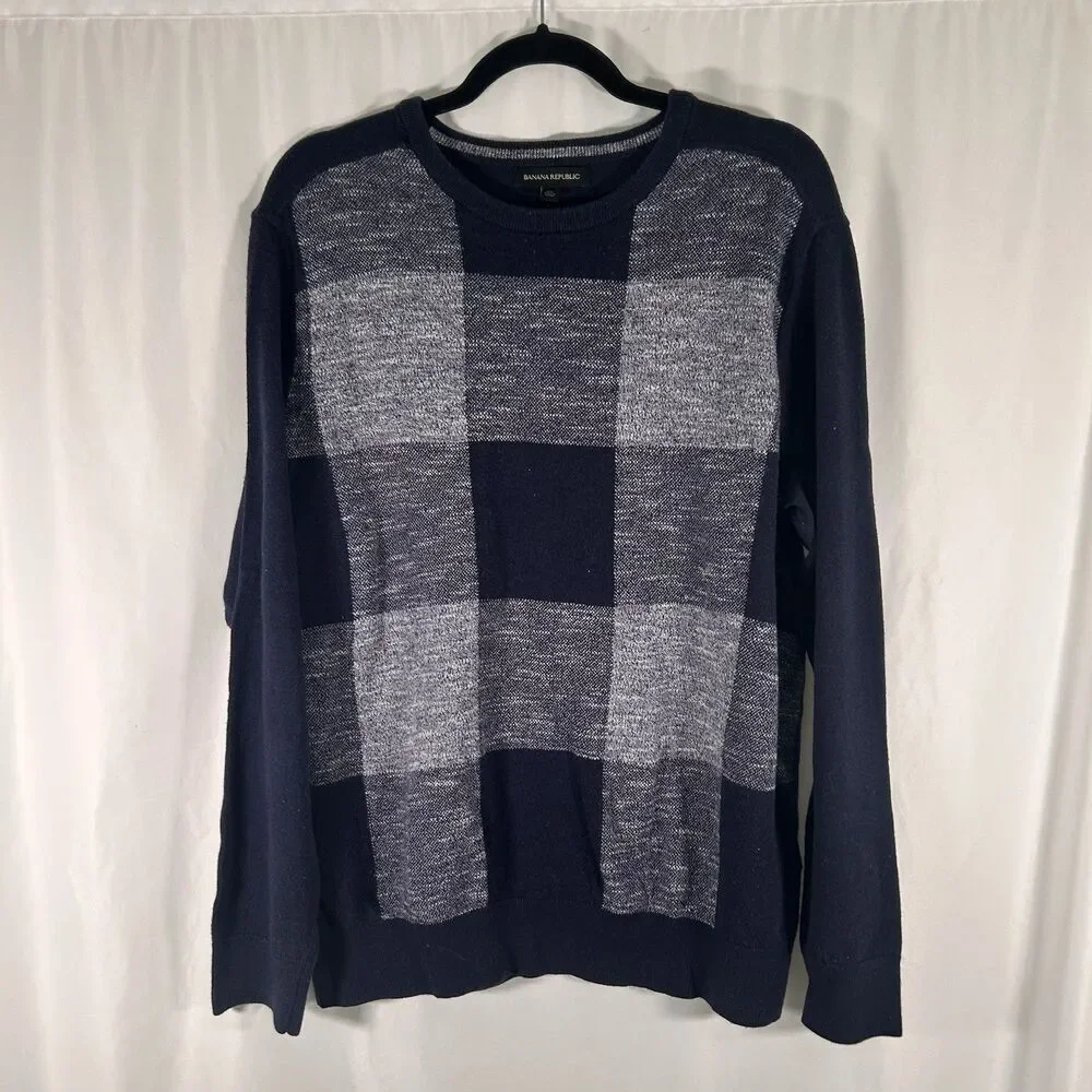 Banana Republic Linen Wool Sweater Men's XL Blue Plaid Long Sleeve Crew Pullover